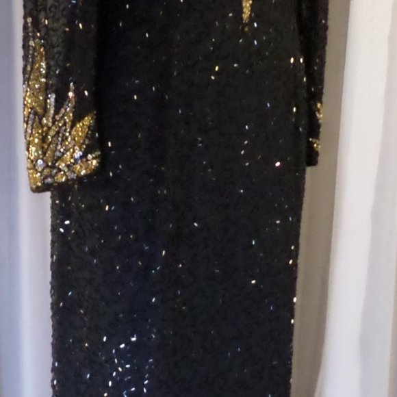 Lady Long Silk Gown Sequin Bead Size 12 Black Gold - Picture 4 of 8
